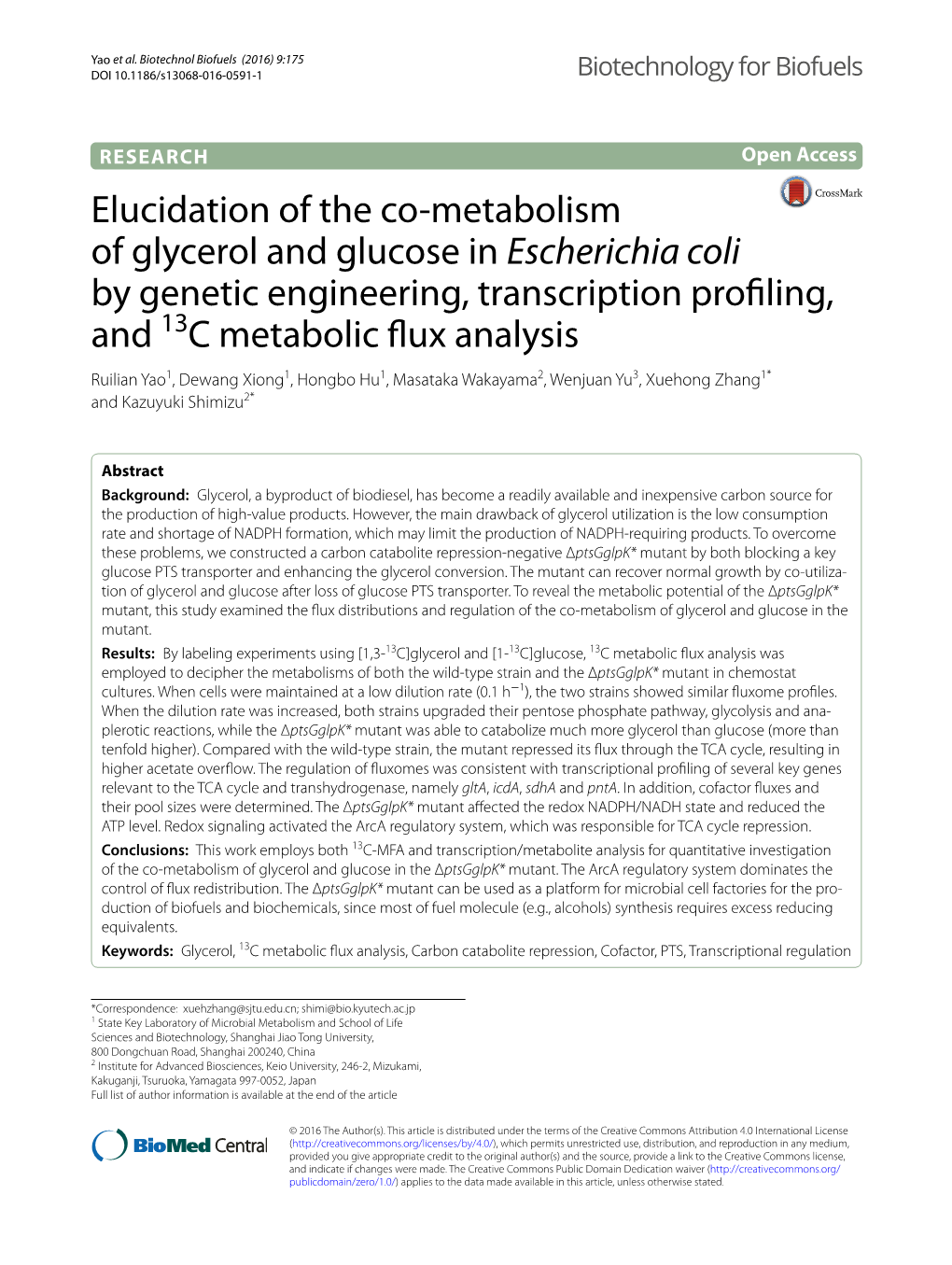 Elucidation of the Co-Metabolism of Glycerol and Glucose in Escherichia