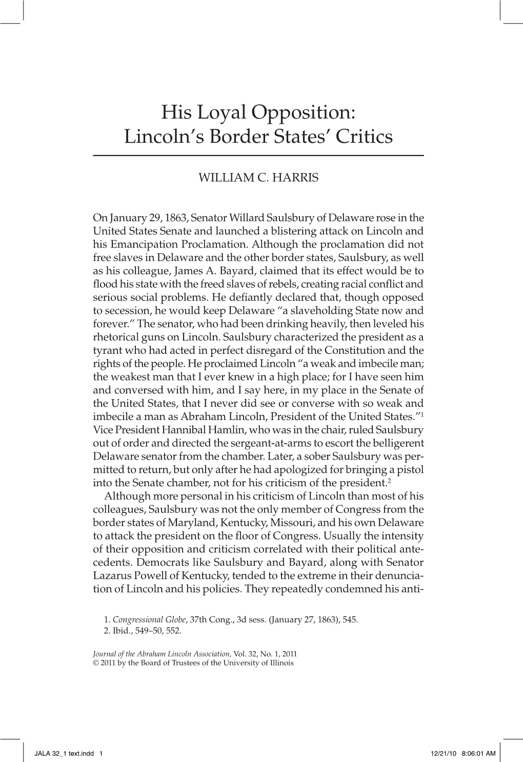 His Loyal Opposition: Lincoln's Border States' Critics