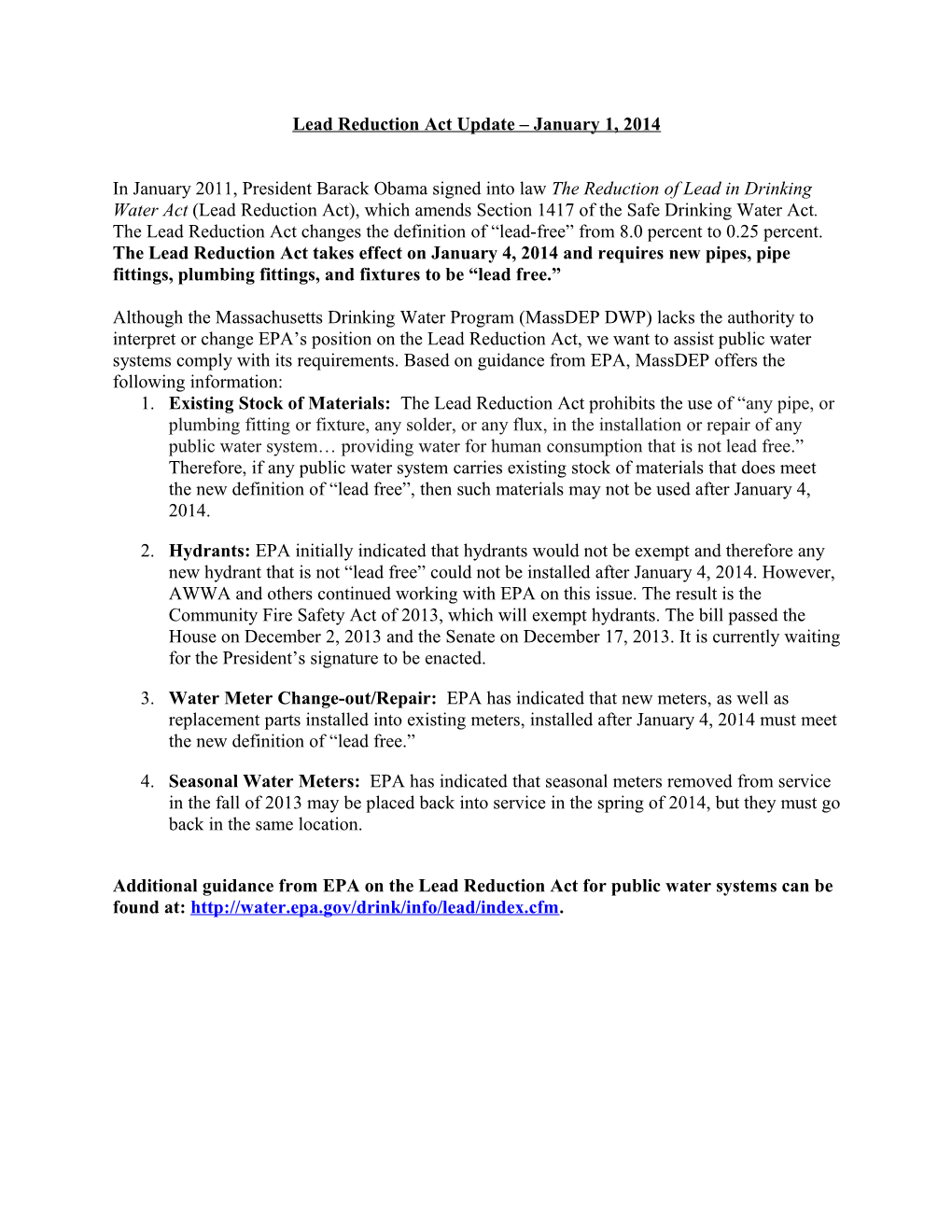 Lead Reduction Act Update January 1, 2014