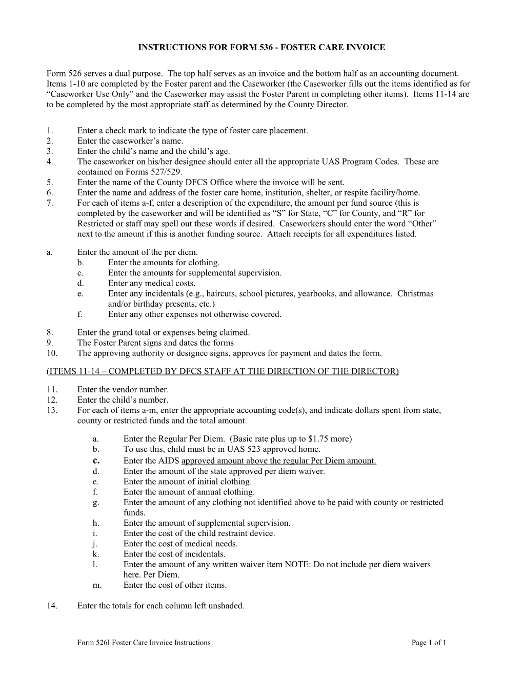 Instructions for Form 536 - Foster Care Invoice