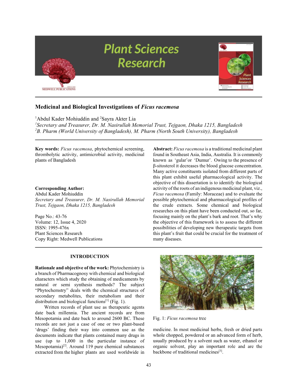 Medicinal and Biological Investigations of Ficus Racemosa