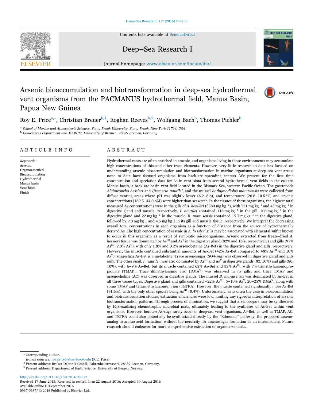 Arsenic Bioaccumulation and Biotransformation in Deep-Sea