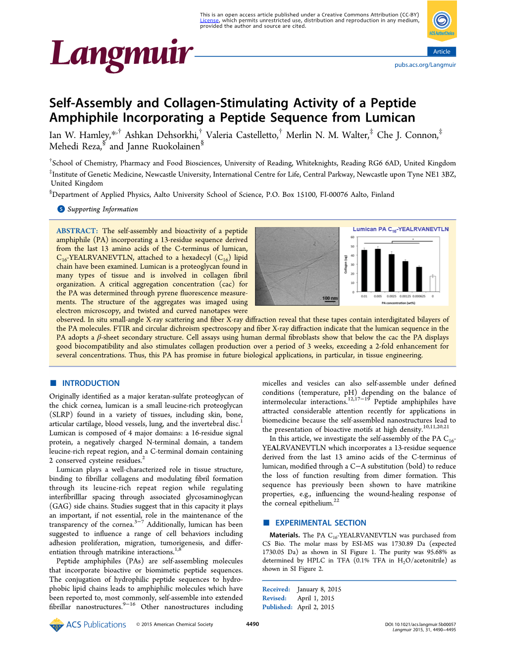 Self-Assembly and Collagen-Stimulating Activity of a Peptide Amphiphile Incorporating a Peptide Sequence from Lumican Ian W