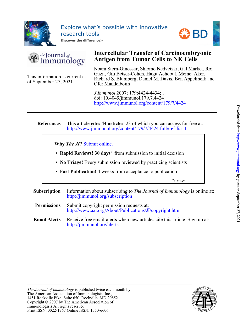 Antigen from Tumor Cells to NK Cells Intercellular Transfer of Carcinoembryonic