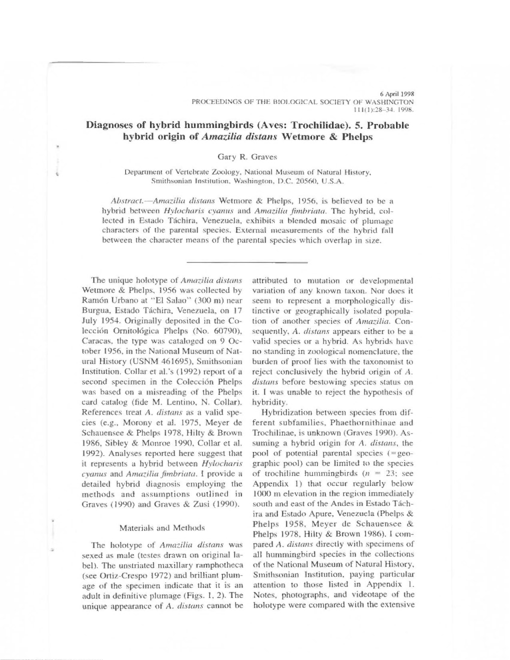 (Aves: Trochiiidae). 5. Probable Hybrid Origin of Amazilia Distans Wetmore & Phelps