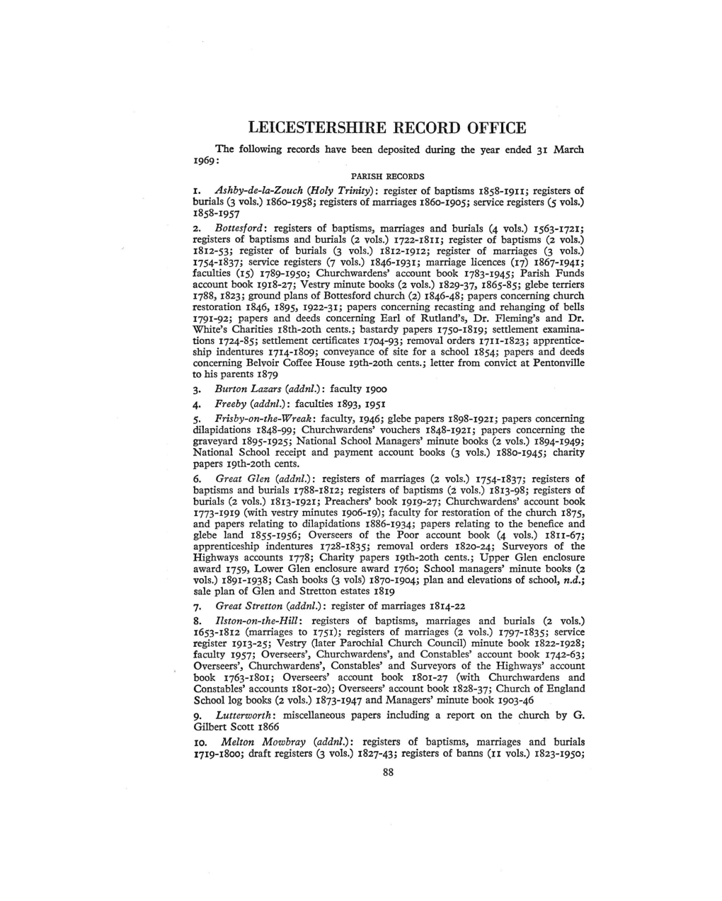 LEICESTERSHIRE RECORD OFFICE the Following Records Have Been Deposited During the Year Ended 31 March 1969: PARISH RECORDS 1