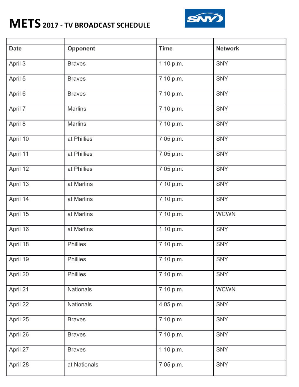 Mets 2017 - Tv Broadcast Schedule