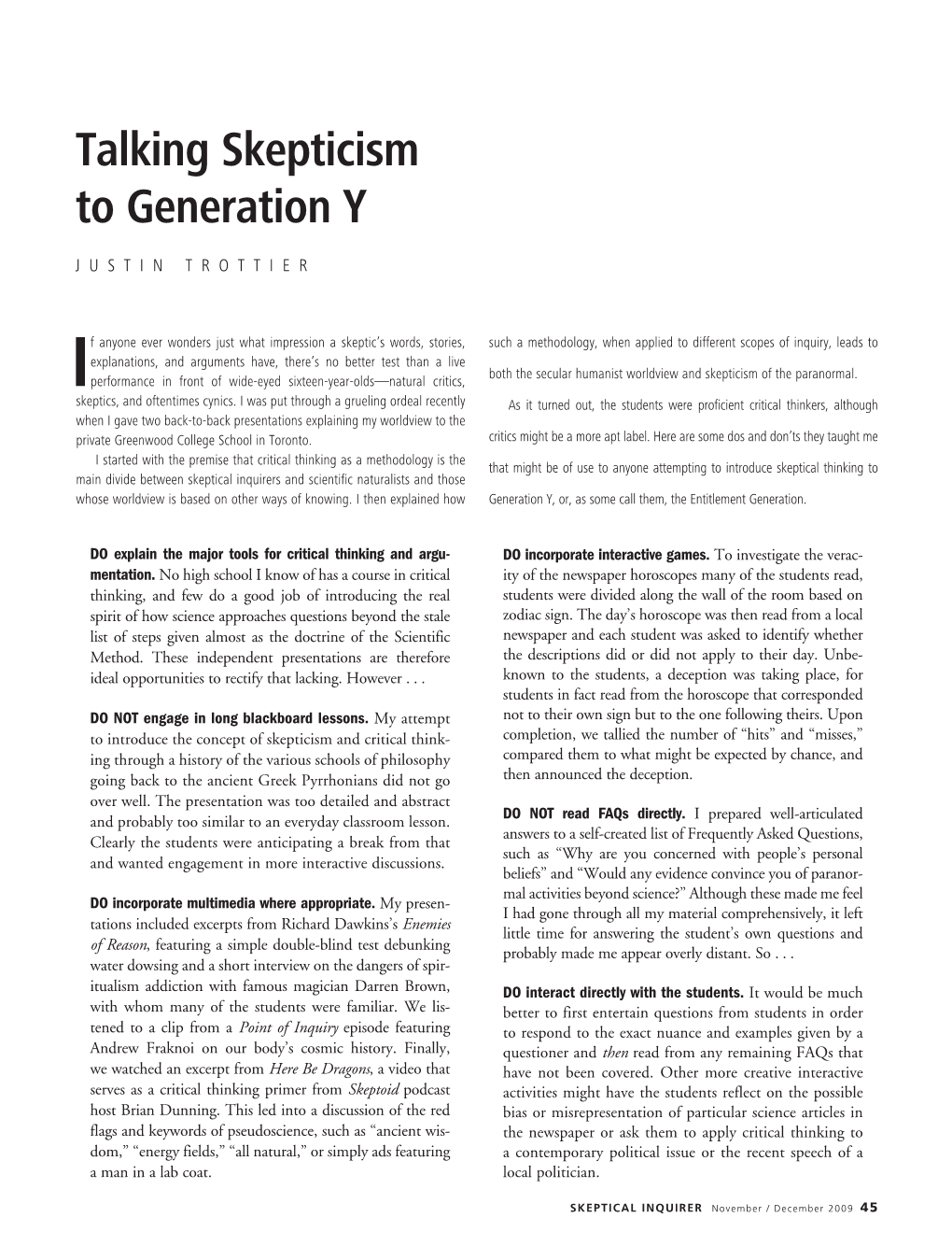 Talking Skepticism to Generation Y