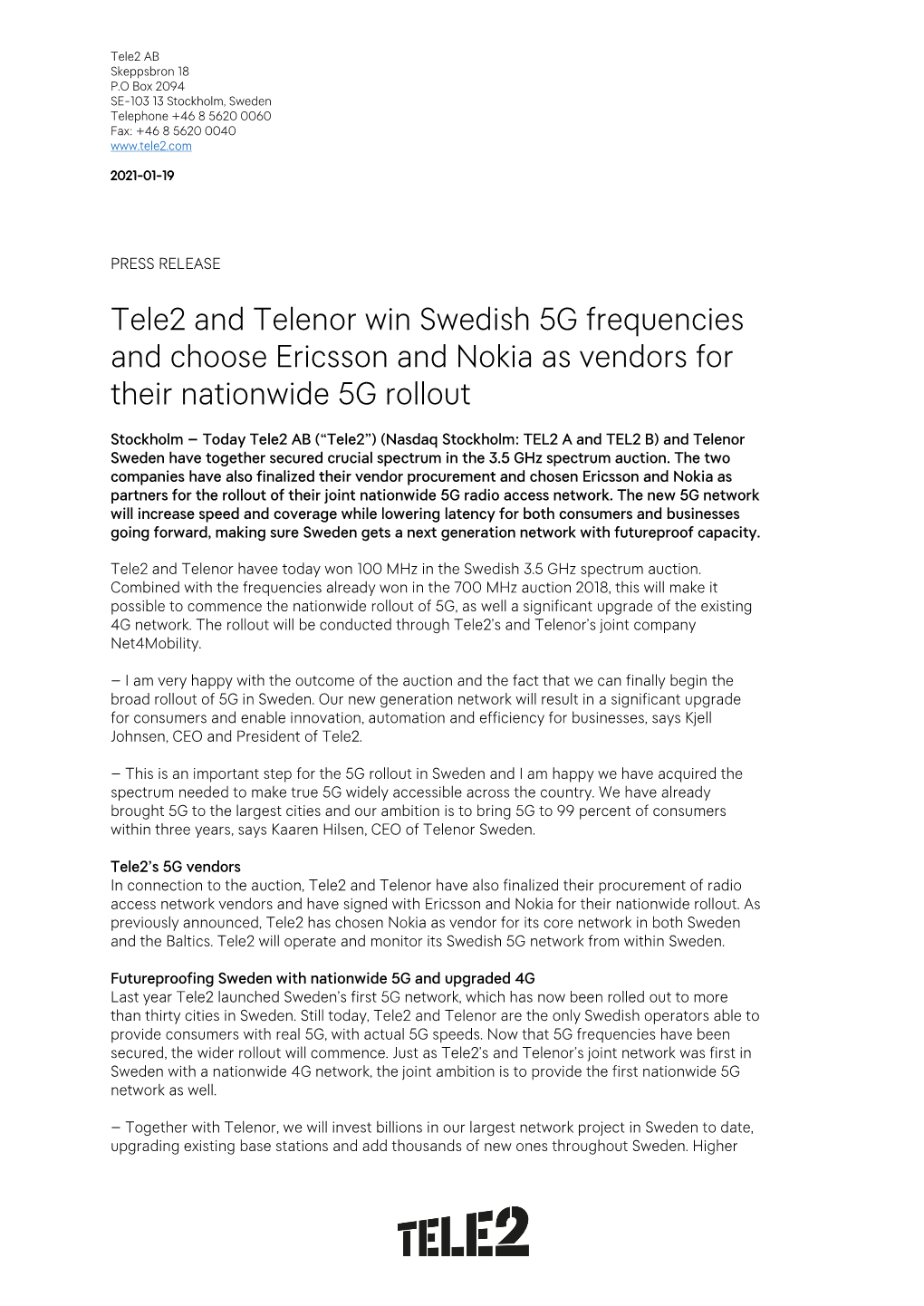 Tele2 and Telenor Win Swedish 5G Frequencies and Choose Ericsson and Nokia As Vendors for Their Nationwide 5G Rollout