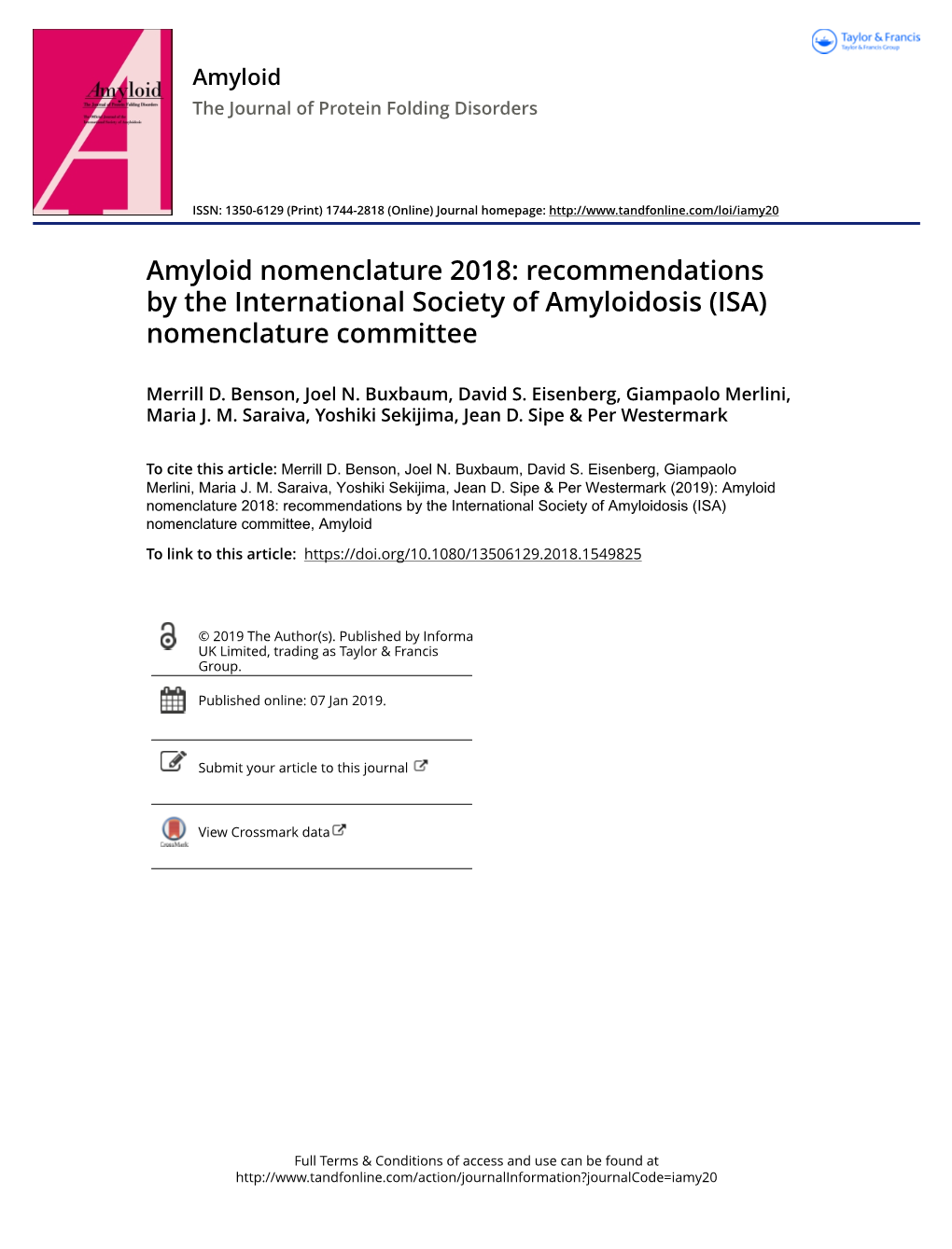 Amyloid Nomenclature 2018: Recommendations by the International Society of Amyloidosis (ISA) Nomenclature Committee