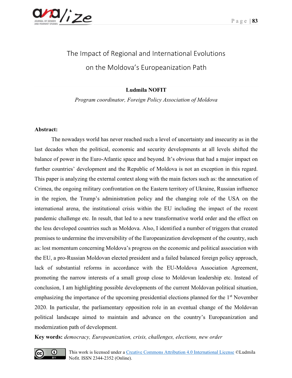 The Impact of Regional and International Evolutions on the Moldova’S Europeanization Path