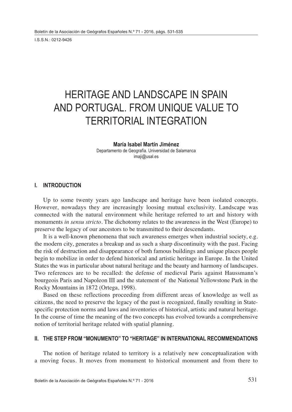 Heritage and Landscape in Spain and Portugal. from Unique Value to Territorial Integration