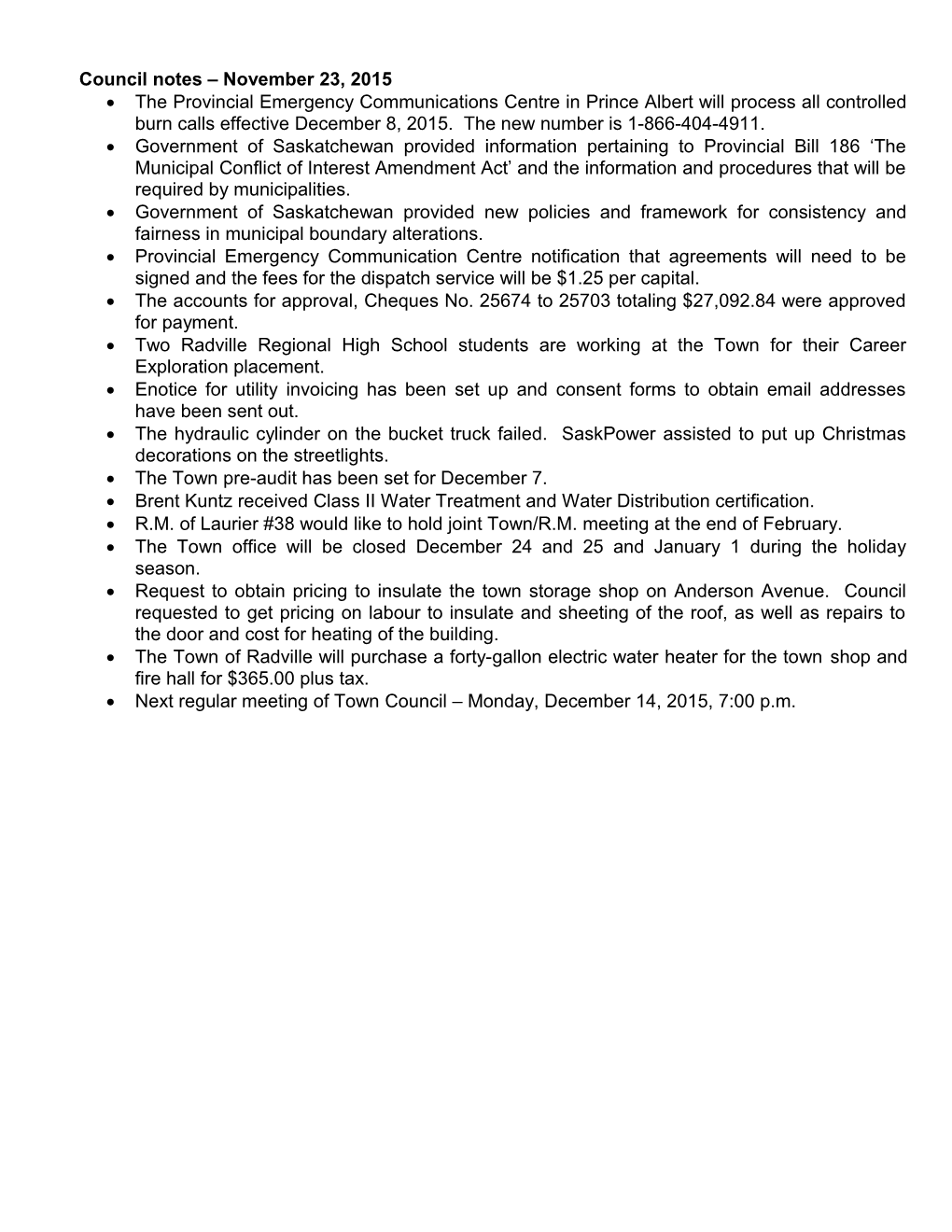 Council Notes November 23, 2015