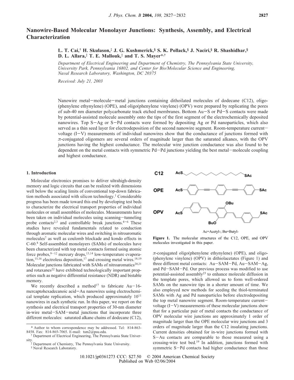 Nanowire-Based Molecular Monolayer Junctions: Synthesis, Assembly, and Electrical Characterization