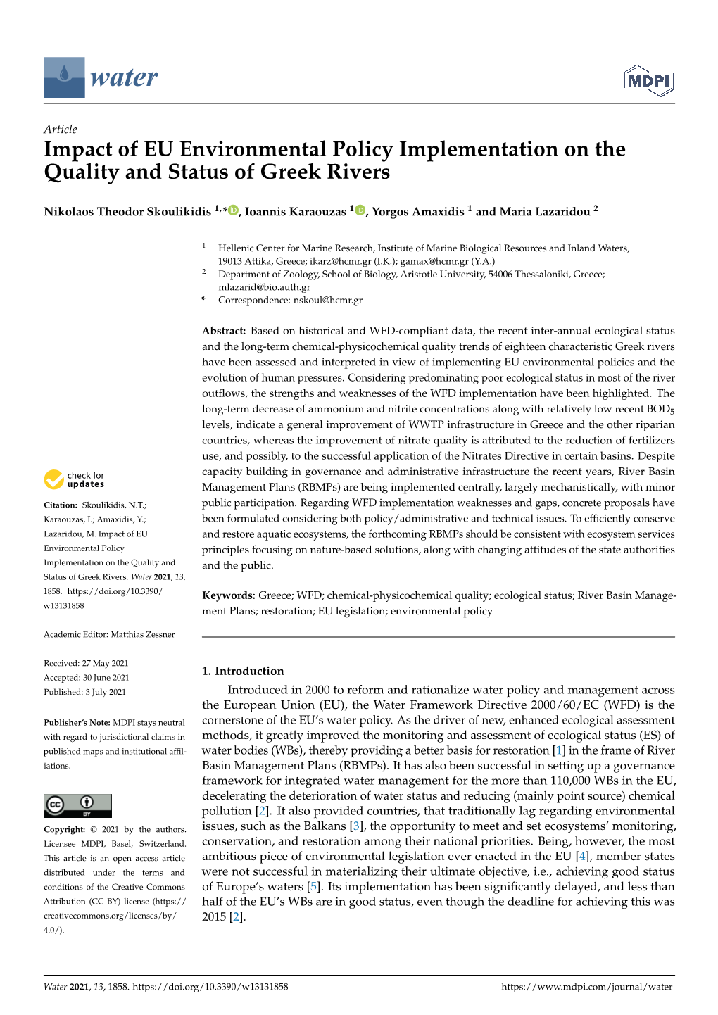 Impact of EU Environmental Policy Implementation on the Quality and Status of Greek Rivers