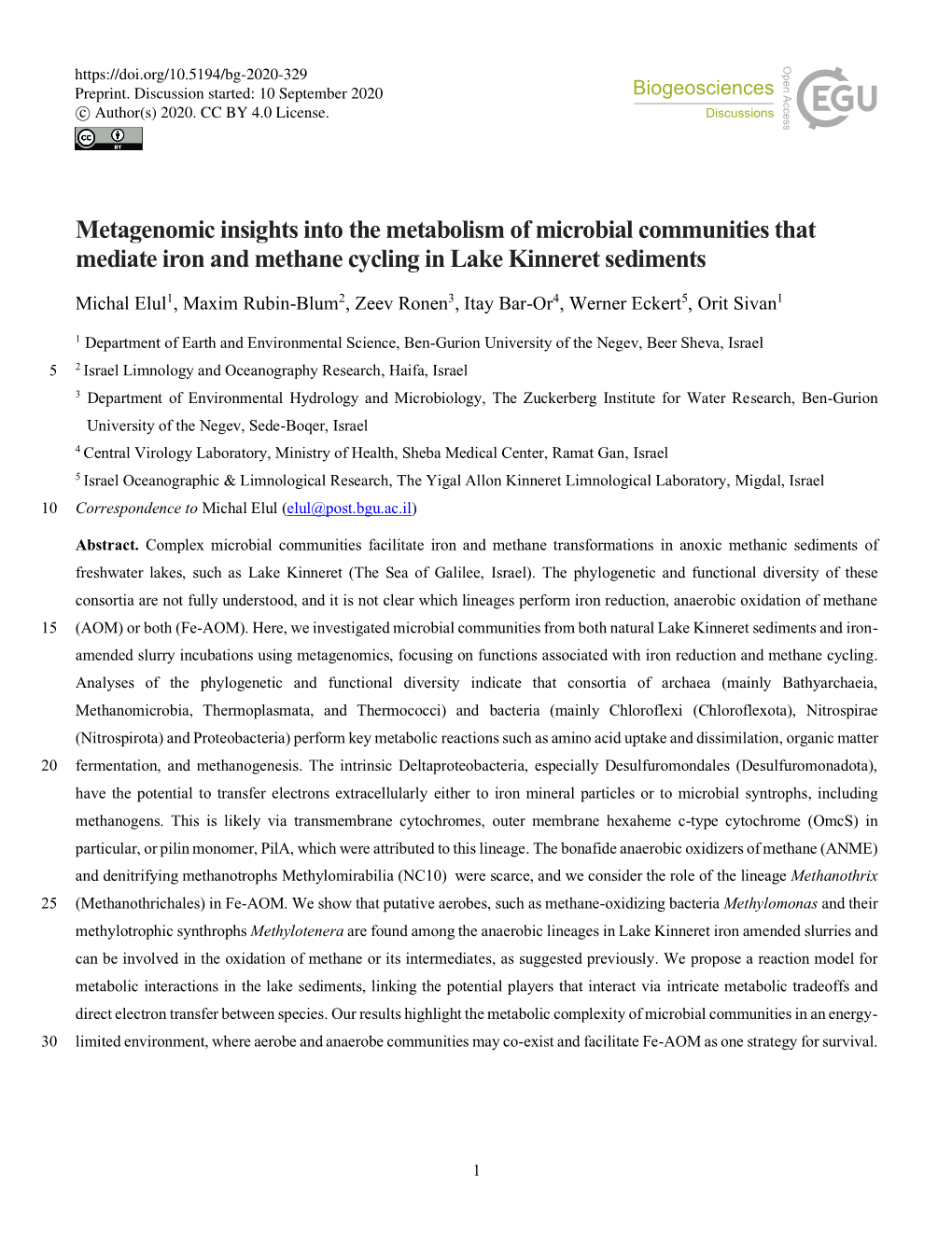 Metagenomic Insights Into the Metabolism of Microbial Communities That Mediate Iron and Methane Cycling in Lake Kinneret Sediments