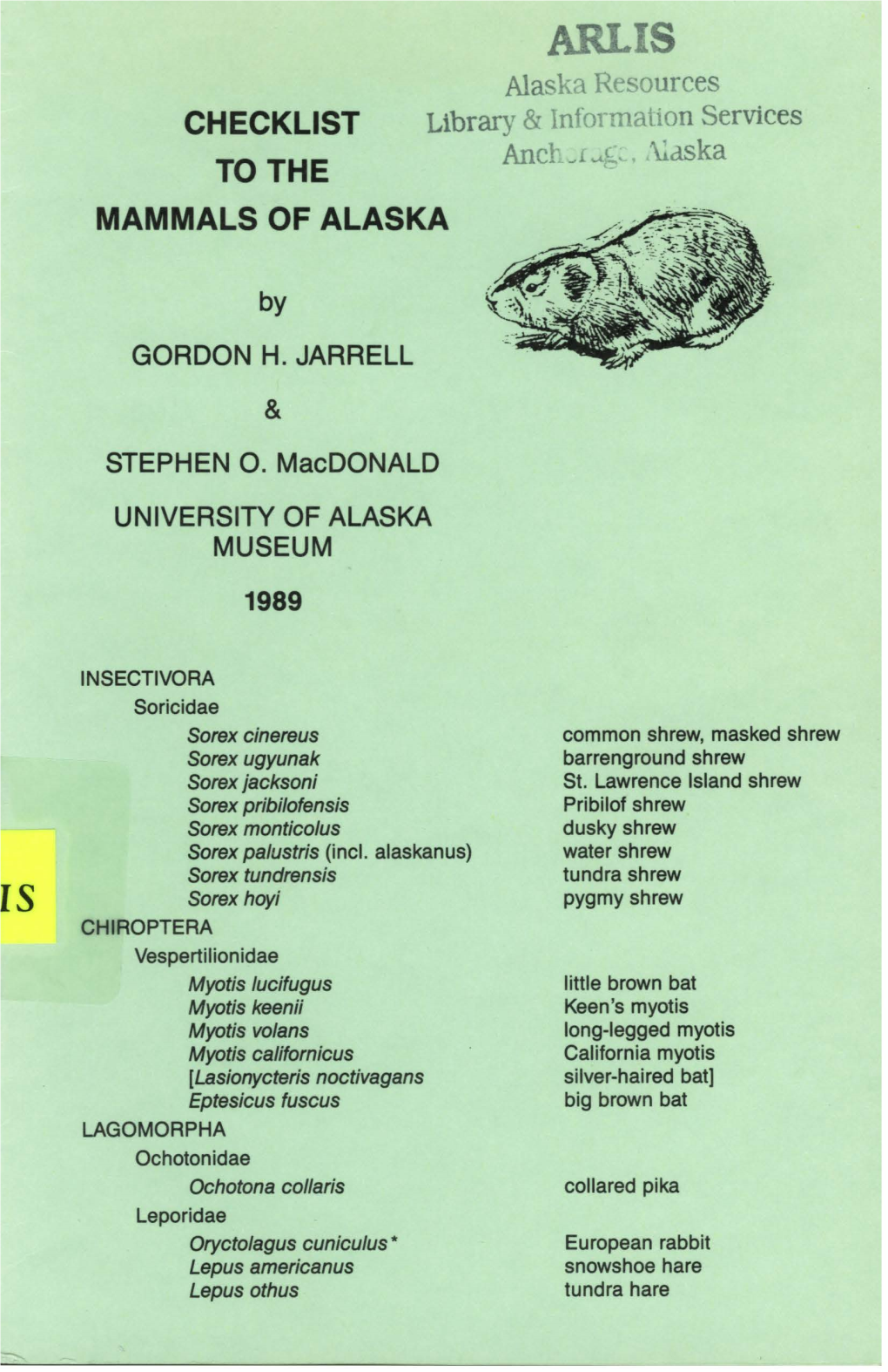 Checklist to the Mammals of Alaska