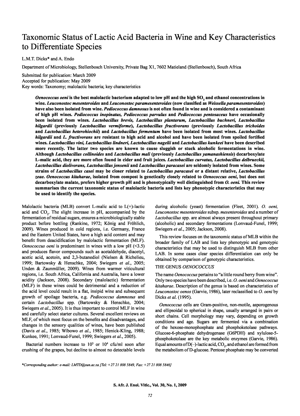 Taxonomic Status of Lactic Acid Bacteria in Wine and Key Characteristics to Differentiate Species