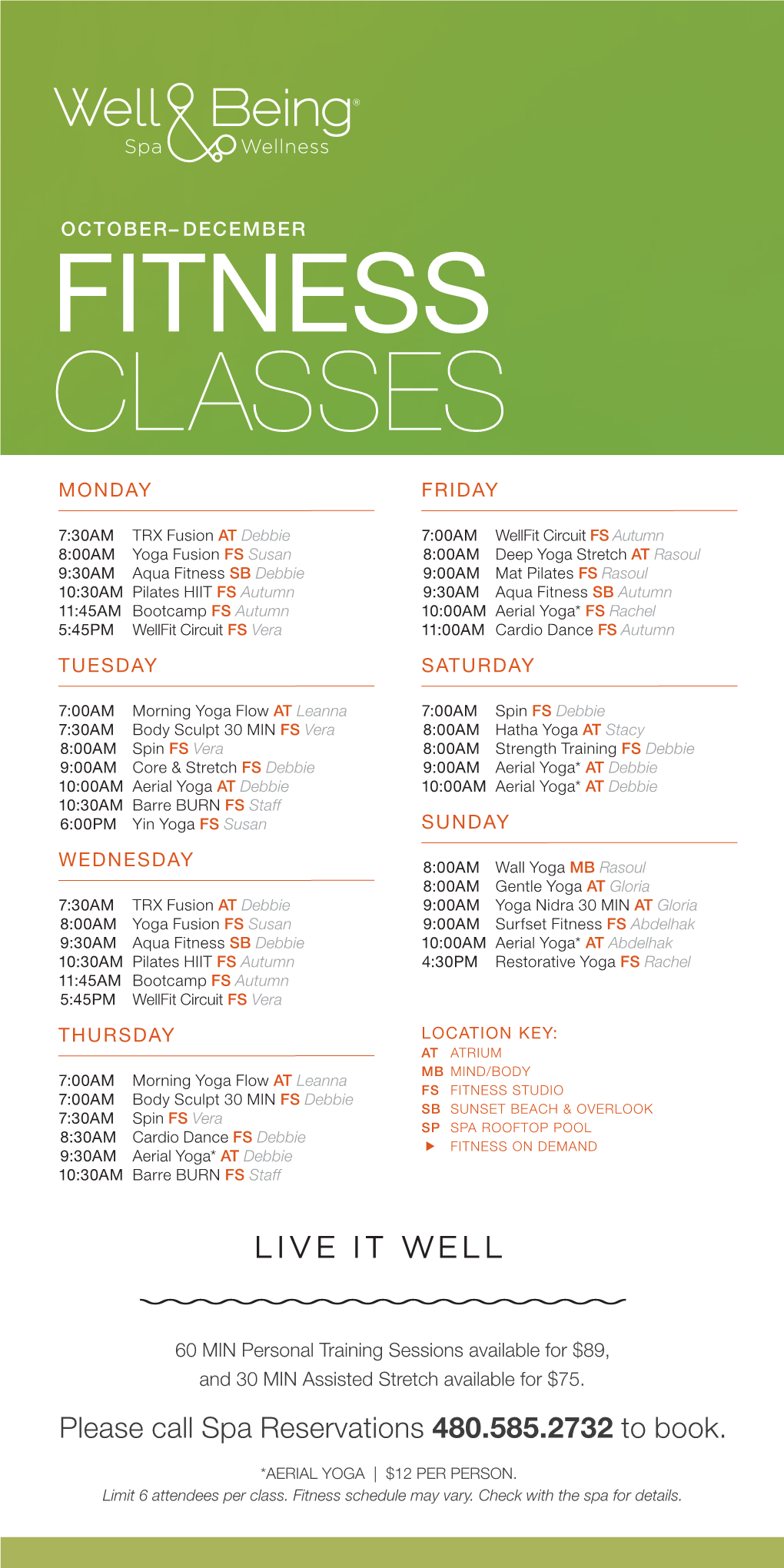 Well & Being Spa Fitness Schedule July