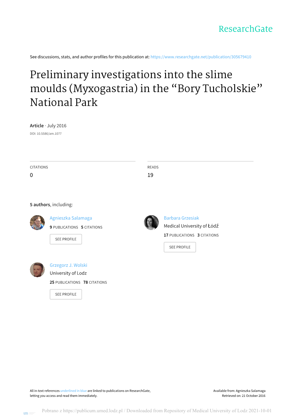 Preliminary Investigations Into the Slime Moulds (Myxogastria) in the “Bory Tucholskie” National Park