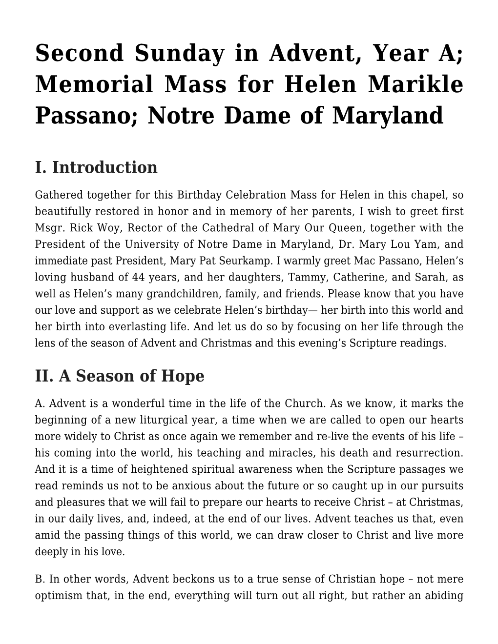 Second Sunday in Advent, Year A; Memorial Mass for Helen Marikle Passano; Notre Dame of Maryland