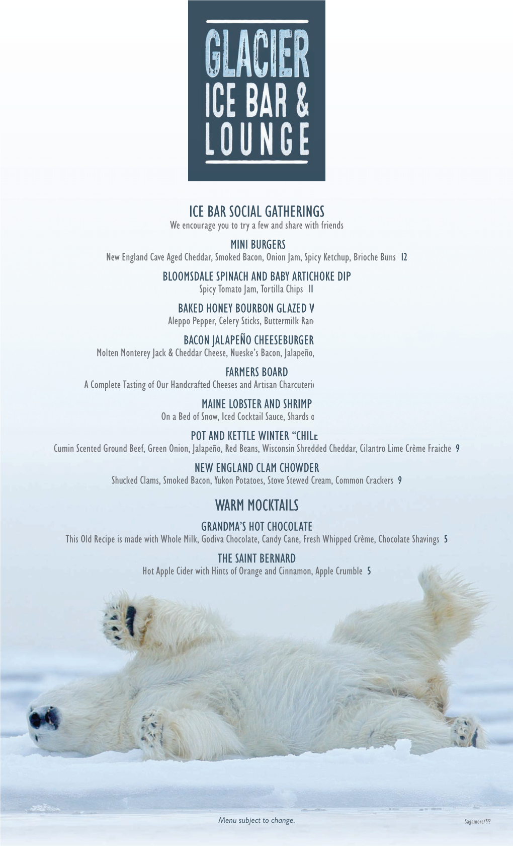 Glacier Ice Bar & Lounge Menu