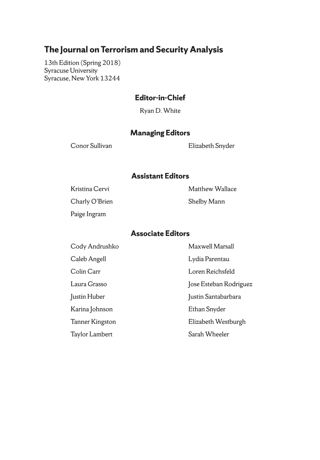 The Journal on Terrorism and Security Analysis 13Th Edition (Spring 2018) Syracuse University Syracuse, New York 13244