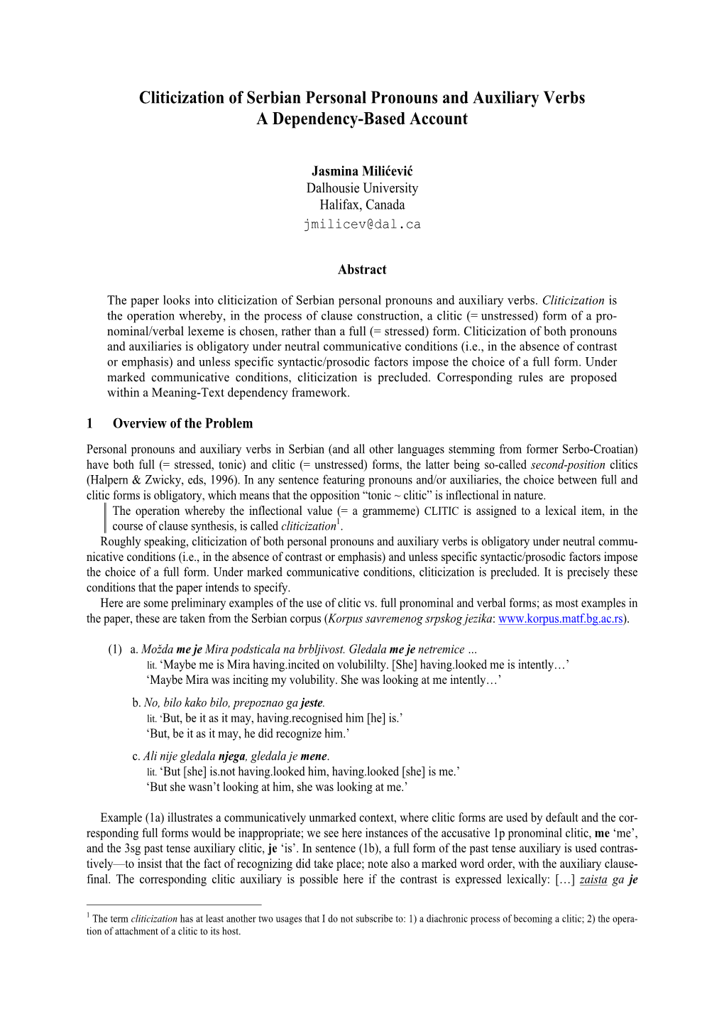 Cliticization of Serbian Personal Pronouns and Auxiliary Verbs a Dependency-Based Account