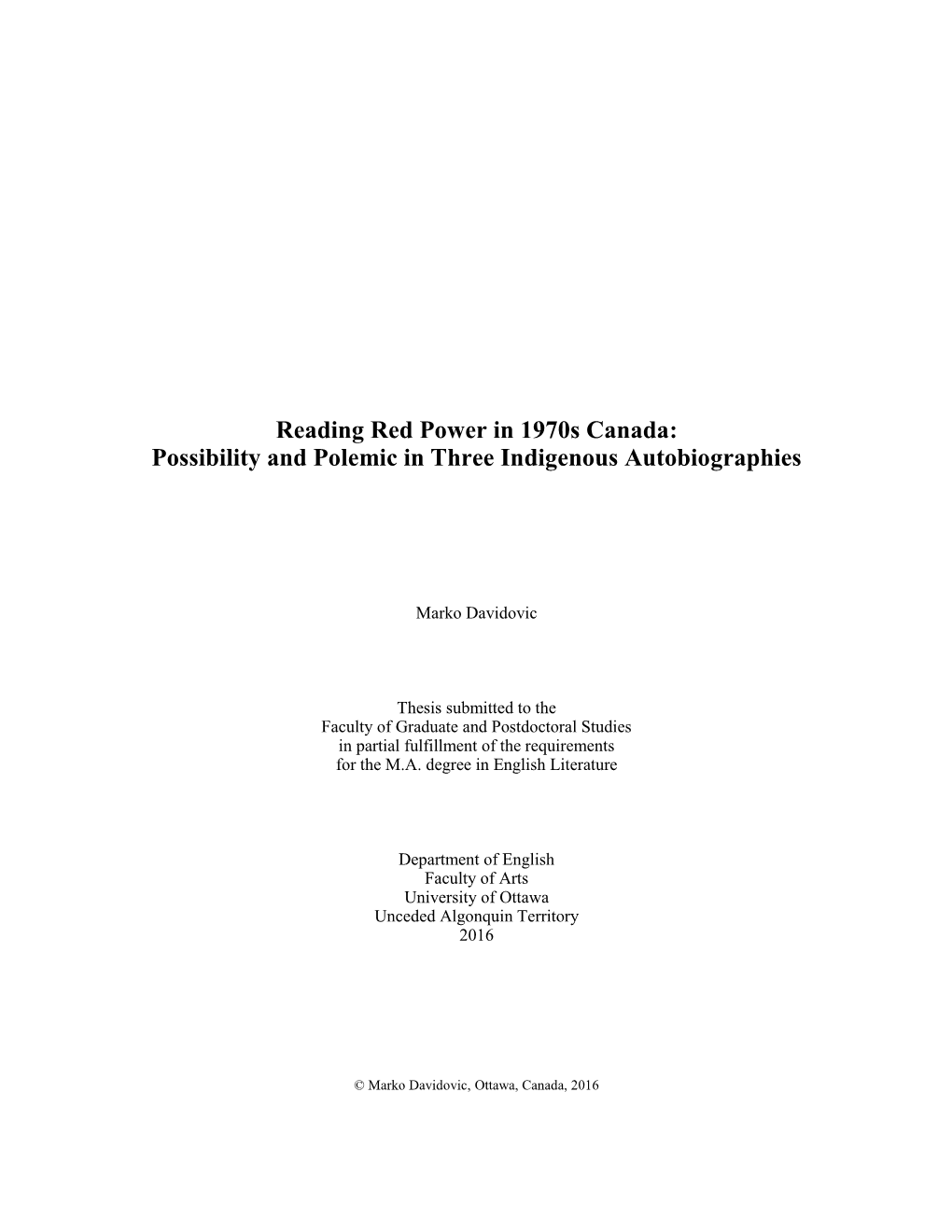Reading Red Power in 1970S Canada: Possibility and Polemic in Three Indigenous Autobiographies