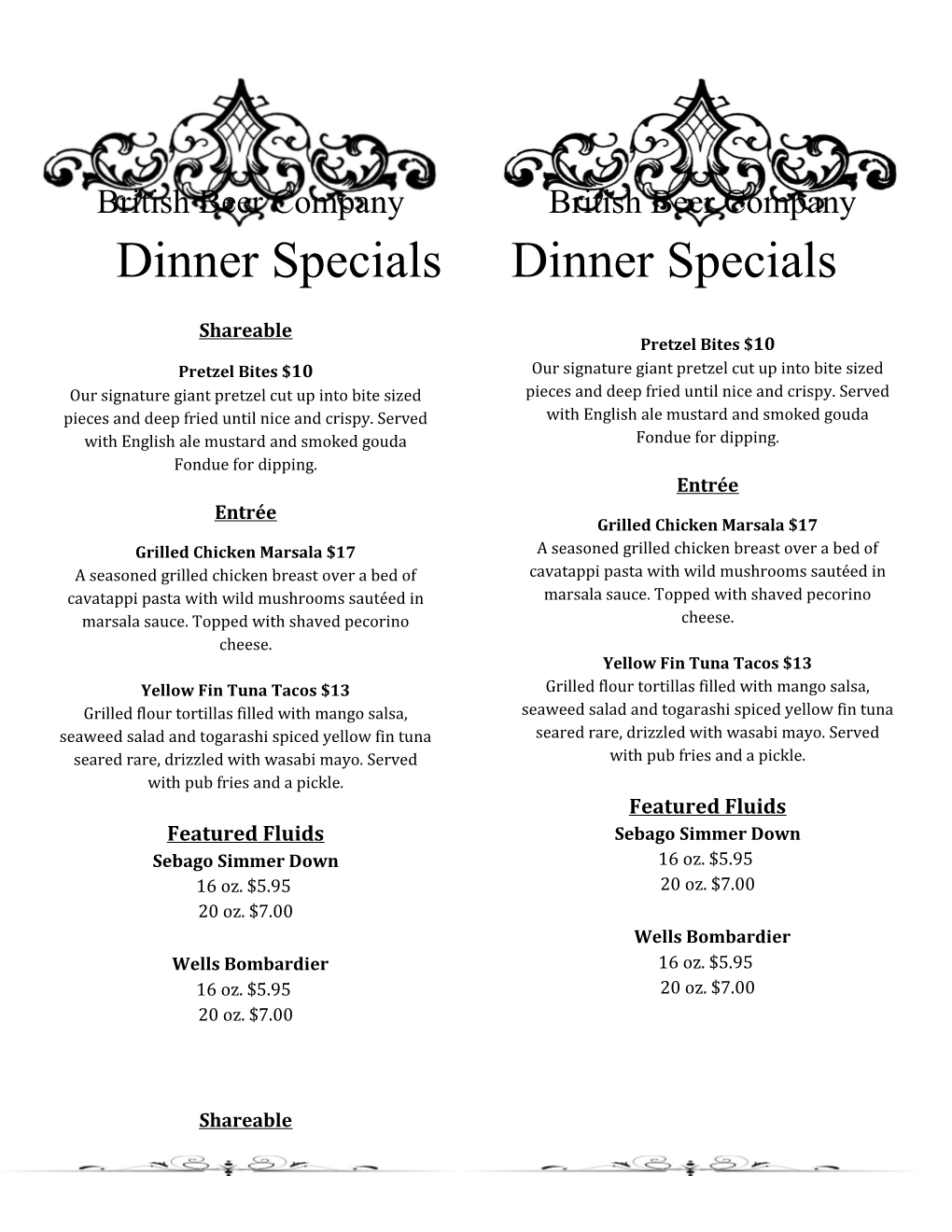 British Beer Company British Beer Company Dinner Specials Dinner Specials s2