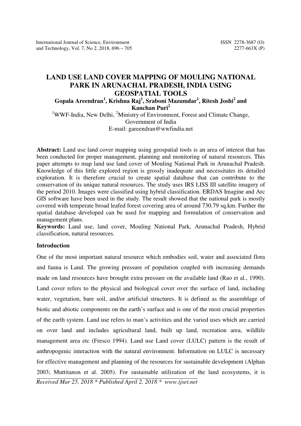 Land Use Land Cover Mapping of Mouling National Park In