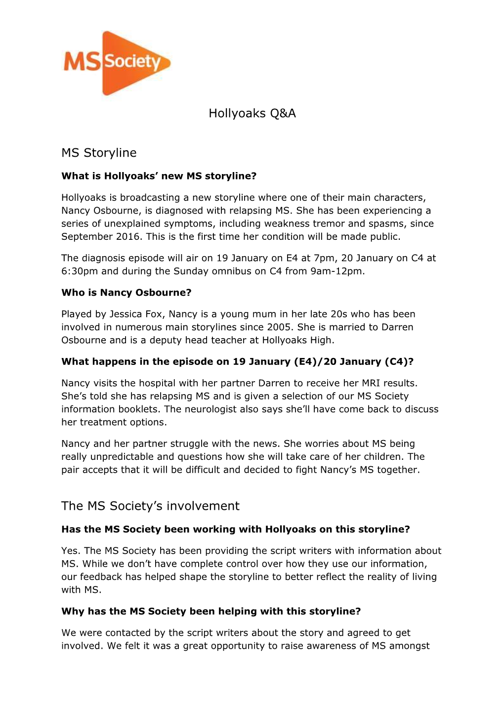 Hollyoaks Q&A MS Storyline the MS Society's Involvement