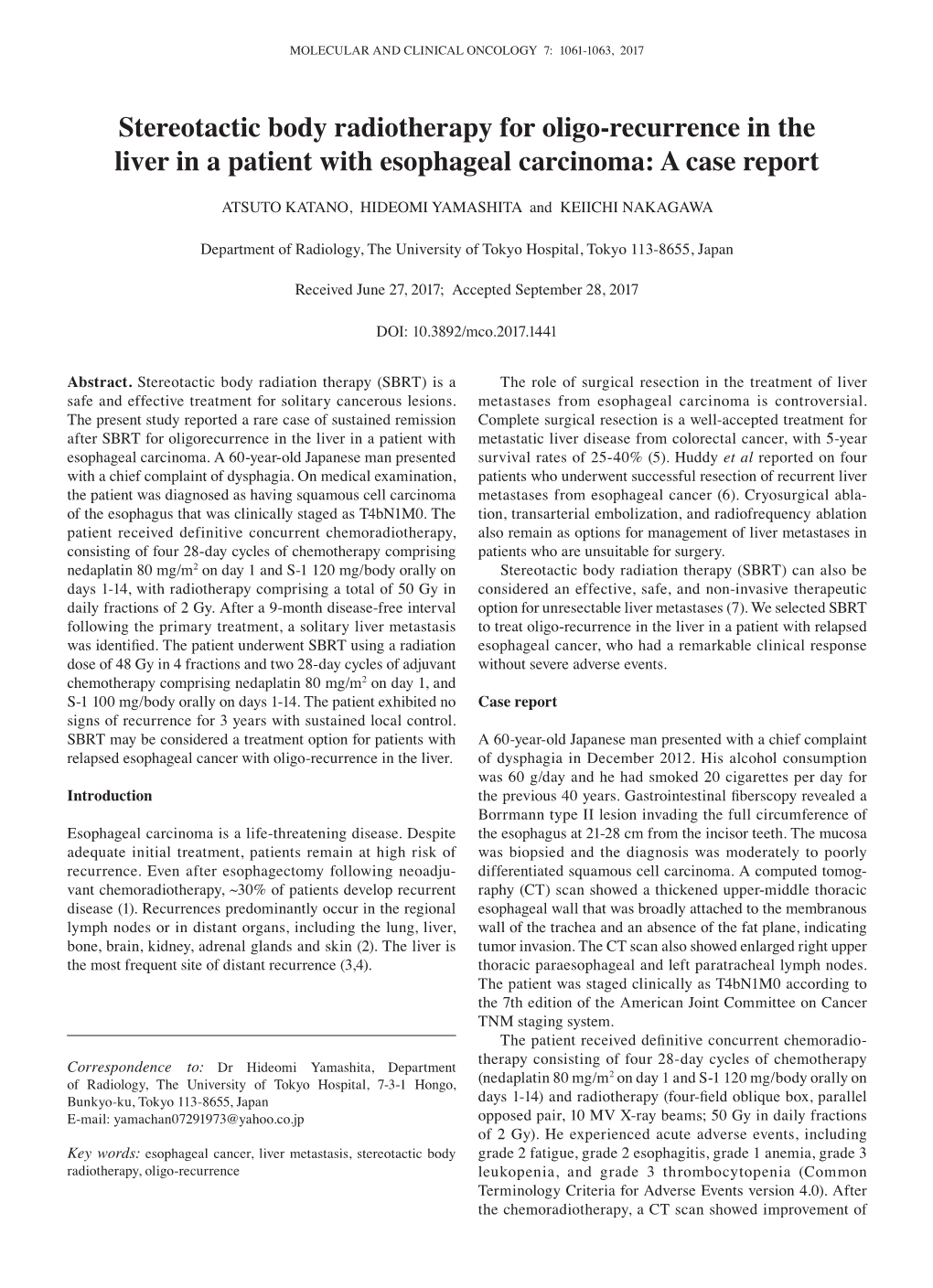 Stereotactic Body Radiotherapy for Oligo‑Recurrence in the Liver in a Patient with Esophageal Carcinoma: a Case Report