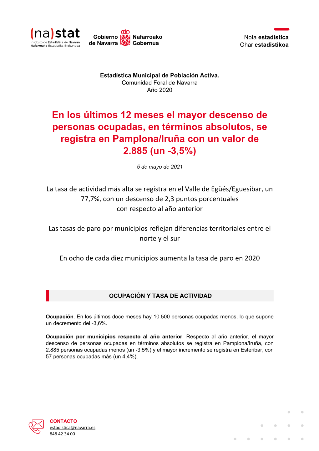 En Los Últimos 12 Meses El Mayor Descenso De Personas Ocupadas, En Términos Absolutos, Se Registra En Pamplona/Iruña Con Un Valor De 2.885 (Un -3,5%)