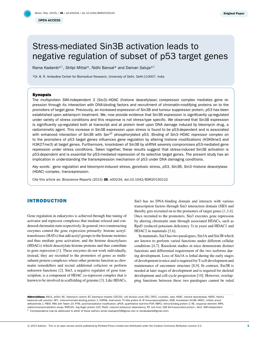 Stress-Mediated Sin3b Activation Leads to Negative Regulation of Subset of P53 Target Genes