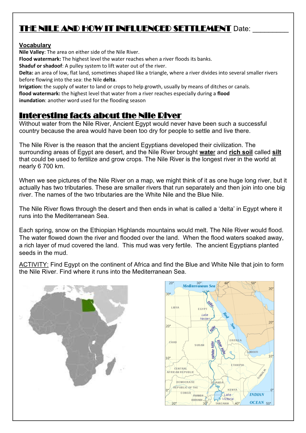 THE NILE and HOW IT INFLUENCED SETTLEMENT Date: ______