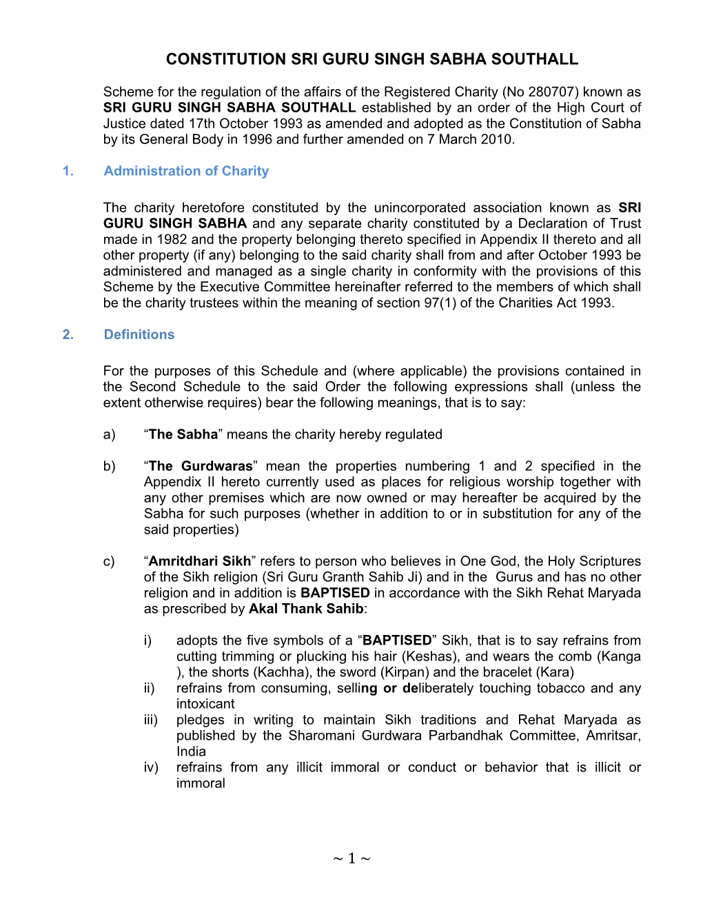 ~ 1 ~ Constitution Sri Guru Singh Sabha Southall
