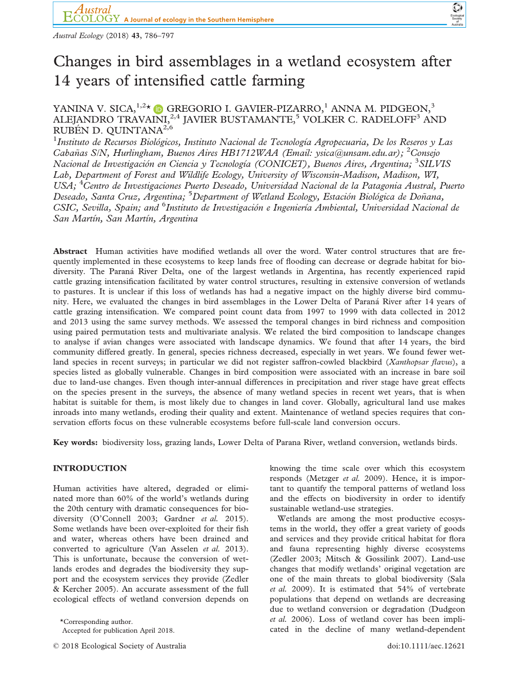 Changes in Bird Assemblages in a Wetland Ecosystem After 14 Years of Intensiﬁed Cattle Farming