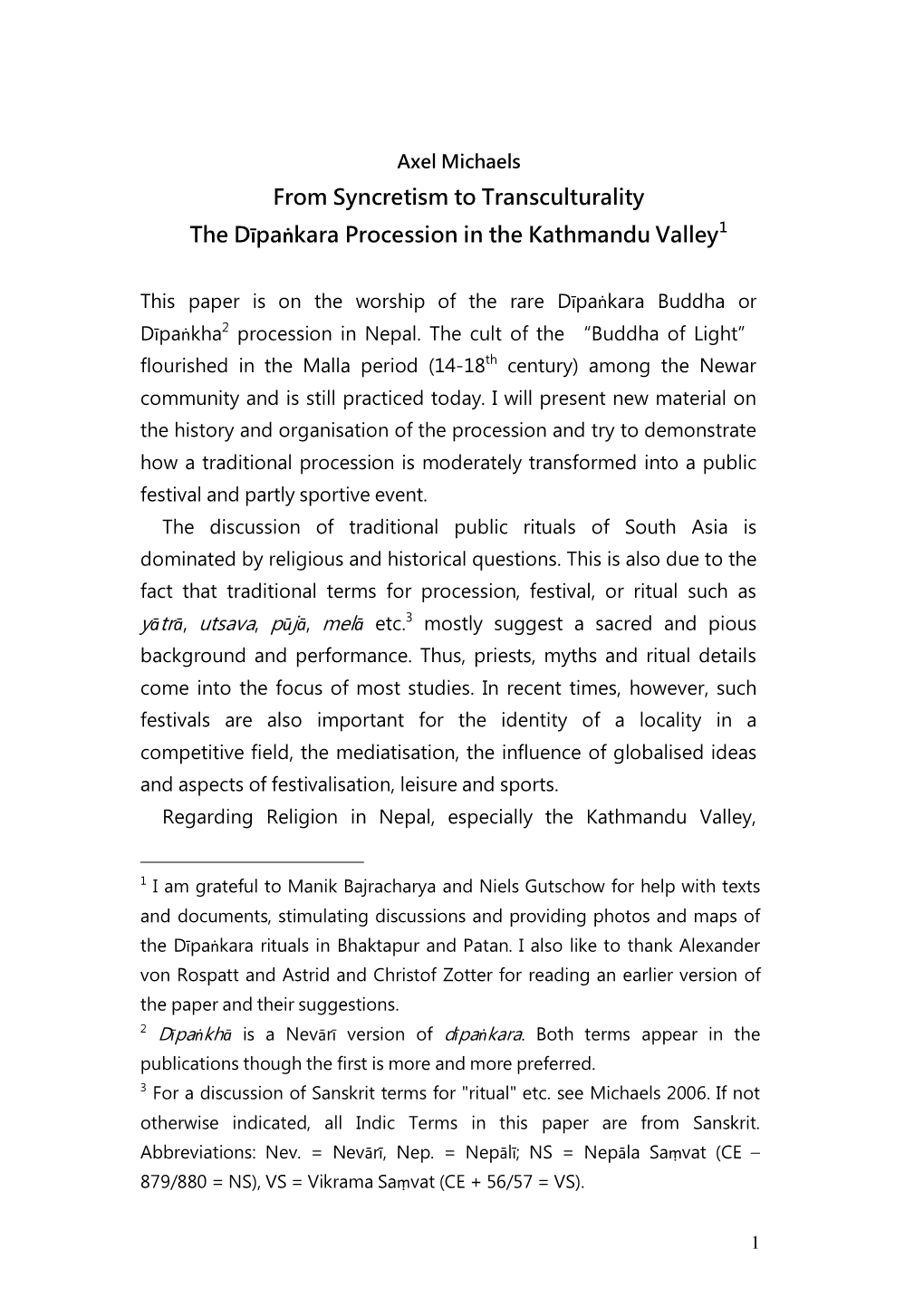 From Syncretism to Transculturality the Dīpaṅkara Procession in the Kathmandu Valley1