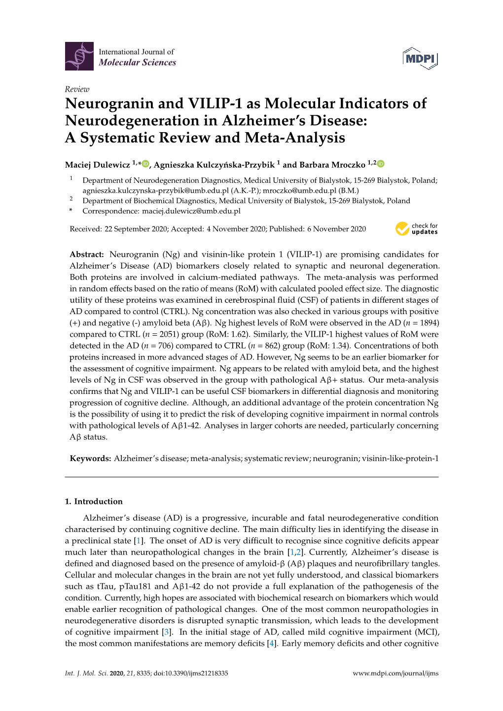 Neurogranin and VILIP-1 As Molecular Indicators of Neurodegeneration in Alzheimer’S Disease: a Systematic Review and Meta-Analysis