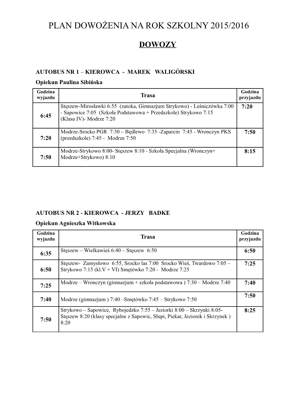 Plan Dowożenia Na Rok Szkolny 2015/2016