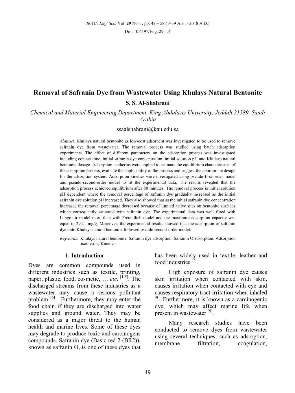 Removal of Safranin Dye from Wastewater Using Khulays Natural Bentonite S