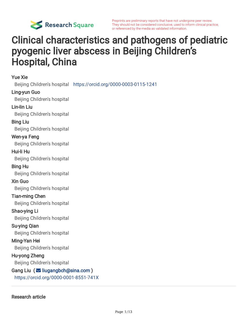 Clinical Characteristics and Pathogens of Pediatric Pyogenic Liver Abscess in Beijing Children’S Hospital, China