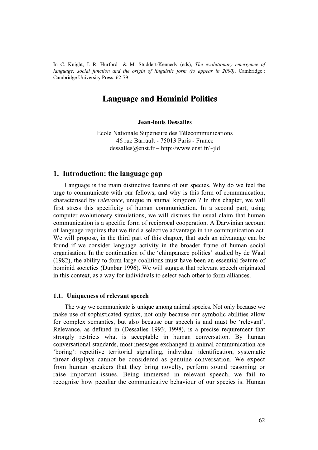 Language and Hominid Politics