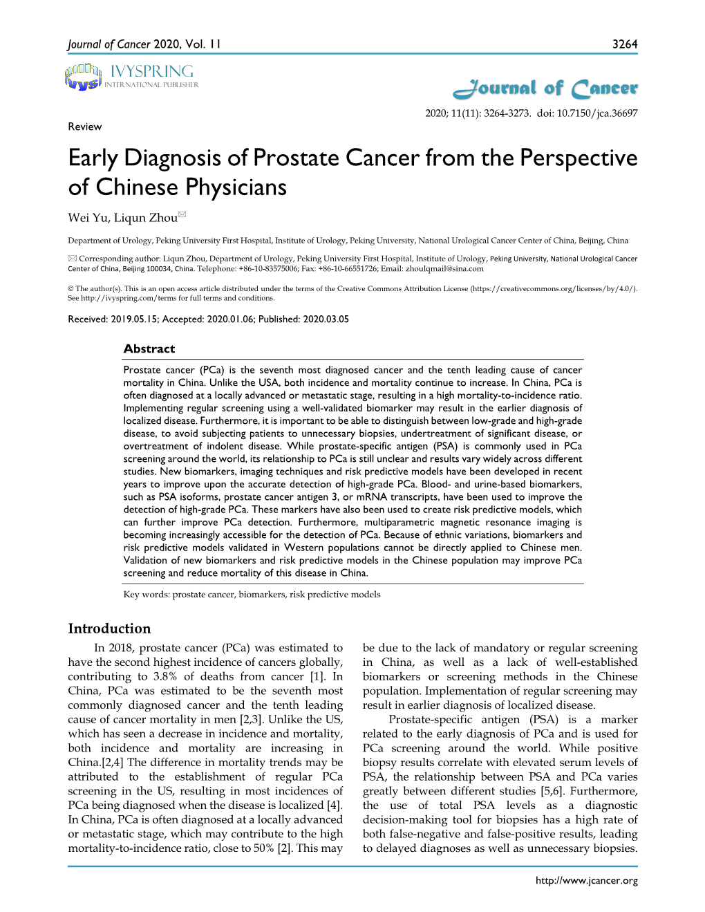 Early Diagnosis of Prostate Cancer from the Perspective of Chinese Physicians Wei Yu, Liqun Zhou