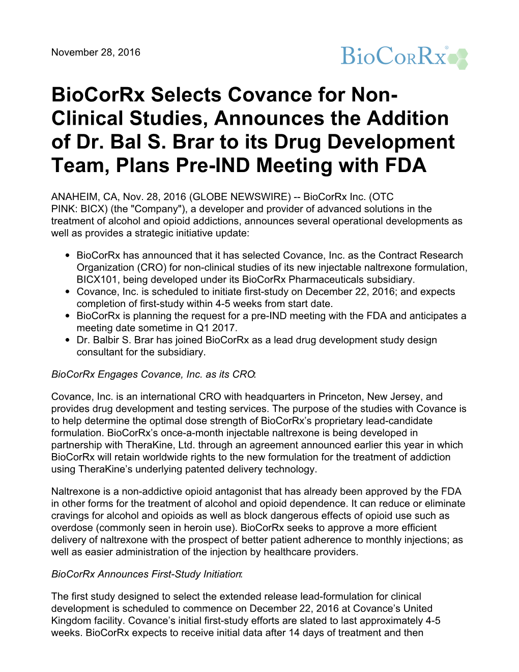 Biocorrx Selects Covance for Non- Clinical Studies, Announces the Addition of Dr