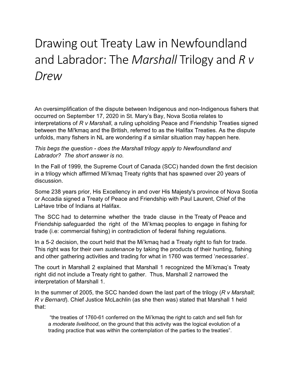 Drawing out Treaty Law in Newfoundland and Labrador: the Marshall Trilogy and R V Drew