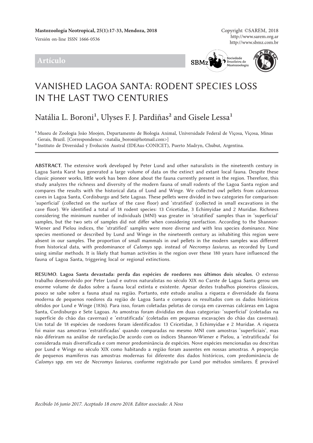 Vanished Lagoa Santa: Rodent Species Loss in the Last Two Centuries