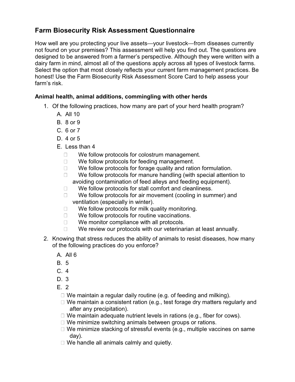 Farm Biosecurity Risk Assessment Questionnaire