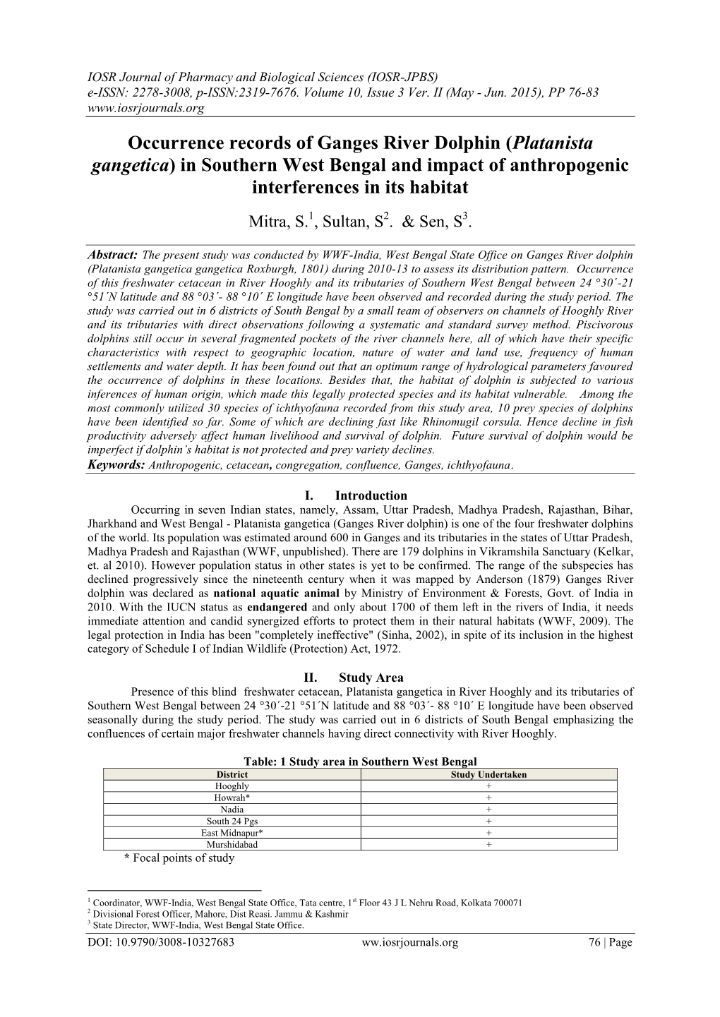 Occurrence Records of Ganges River Dolphin (Platanista Gangetica) in Southern West Bengal and Impact of Anthropogenic Interferences in Its Habitat